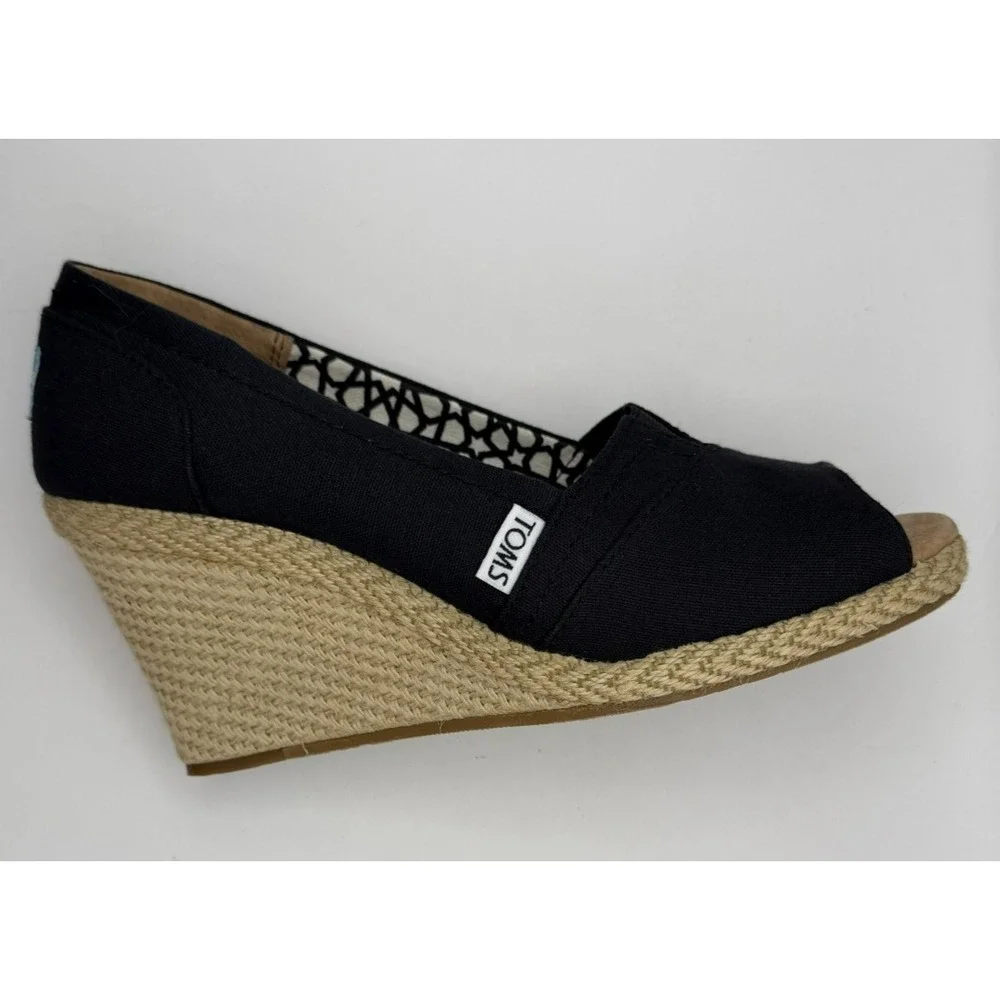 TOMS Womens 7.5 Black Canvas Peep Toe Espadrille Wedge Heels Slip On Shoes